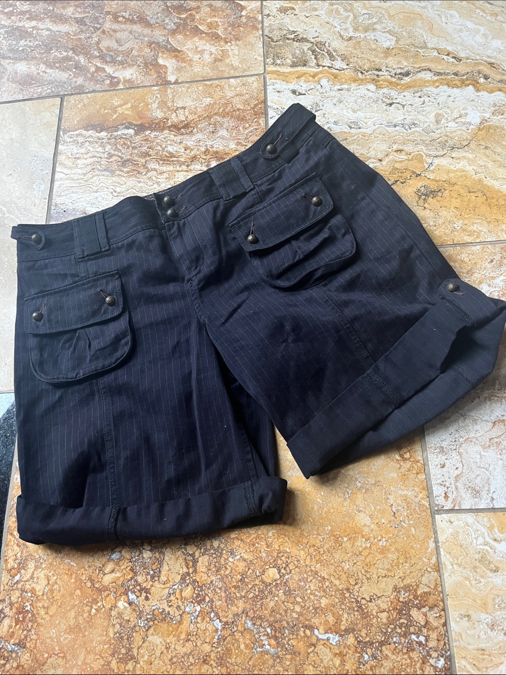 Women’s Black Pinstripe Cargo Shorts with Button-Flap Pockets
